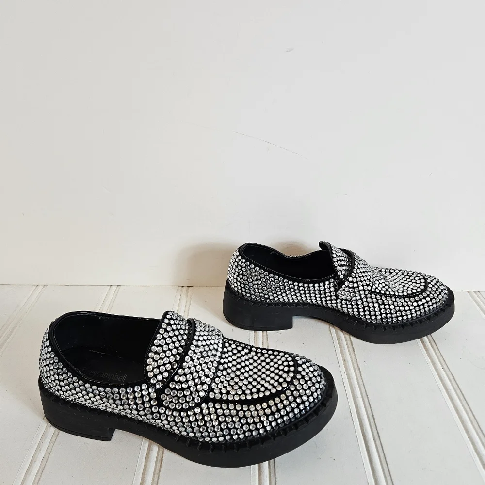 Jeffrey Campbell Library Loafers 9.5 Platform Rhinestone Chunky Heel Black